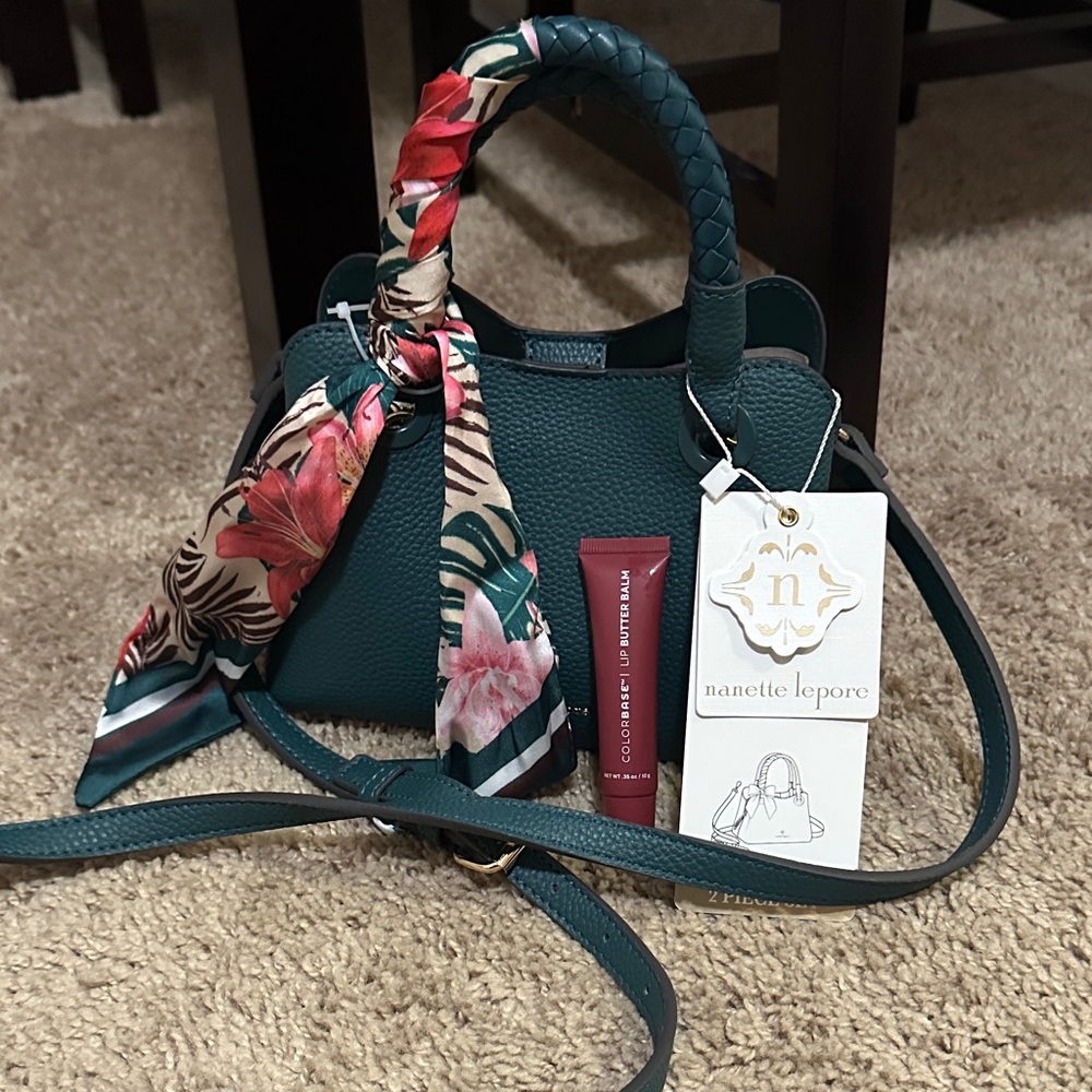 Nanette Lepore Teal Mini Leather Top-Handle Bag with Floral Scarf
